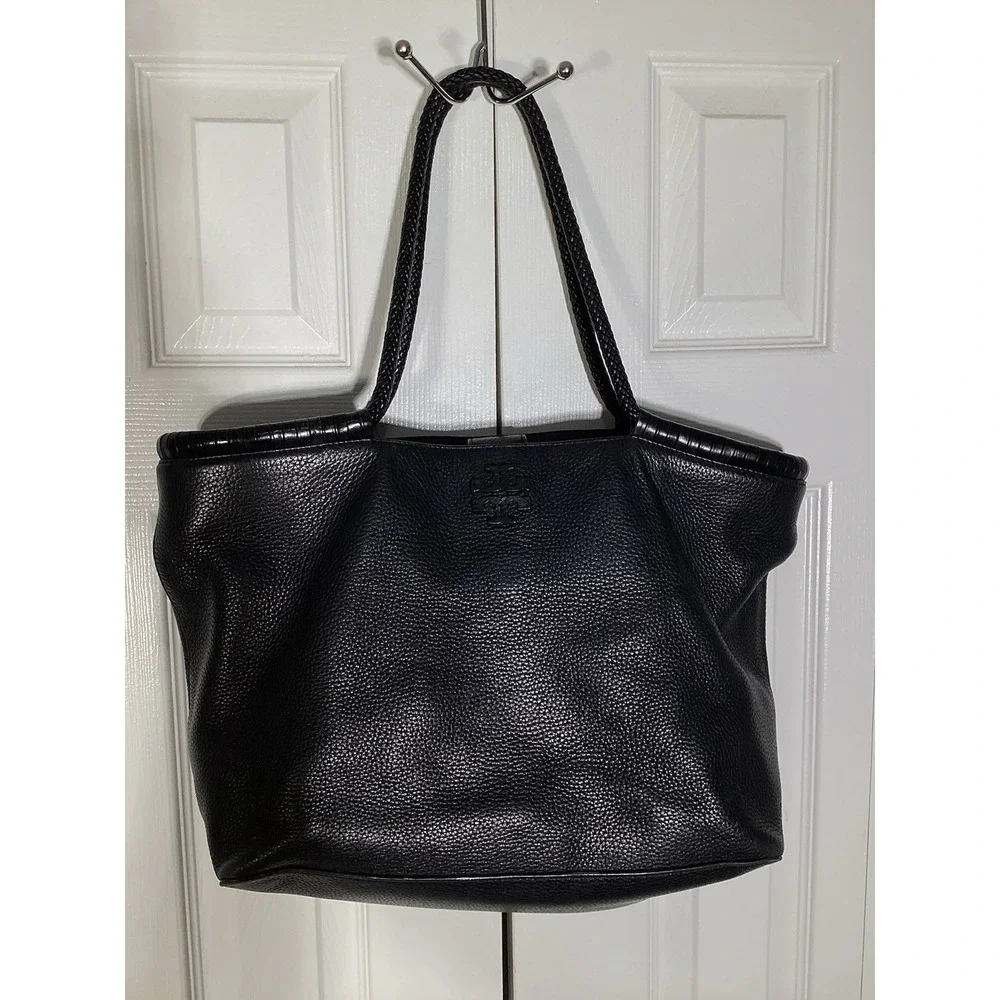 Tory Burch Marion Black Leather Slouchy Tote Bag Braided Handles